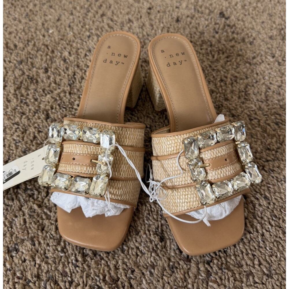 A New Day Rhinestone Buckle Block Heel 6 Slide Sandals Beige Women’s - Picture 6 of 8